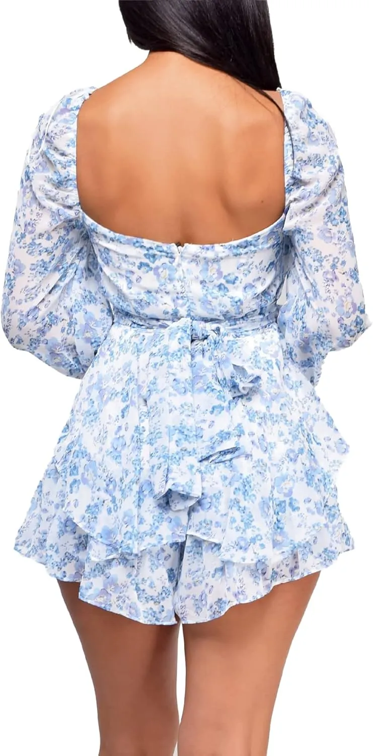 LYANER Women's Floral Print Off Shoulder Long Sleeve Ruffle Hem Romper Short Jumpsuit