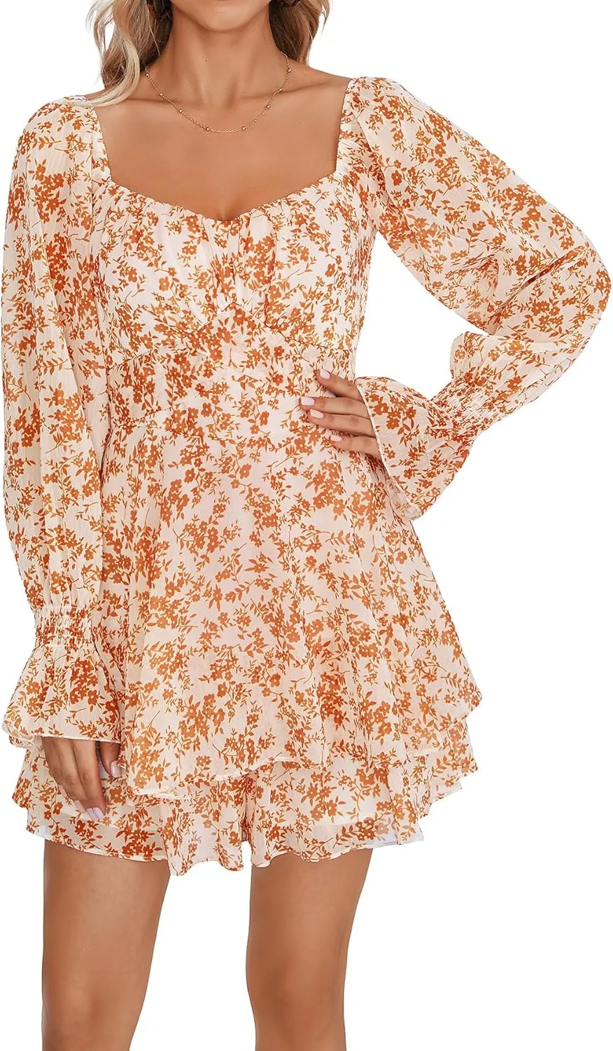 LYANER Women's Floral Print Off Shoulder Long Sleeve Ruffle Hem Romper Short Jumpsuit