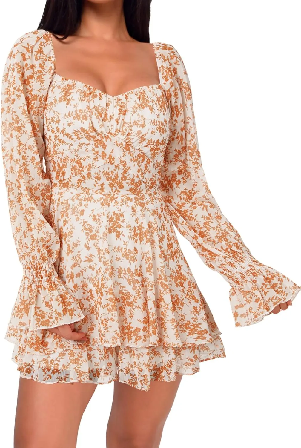 LYANER Women's Floral Print Off Shoulder Long Sleeve Ruffle Hem Romper Short Jumpsuit