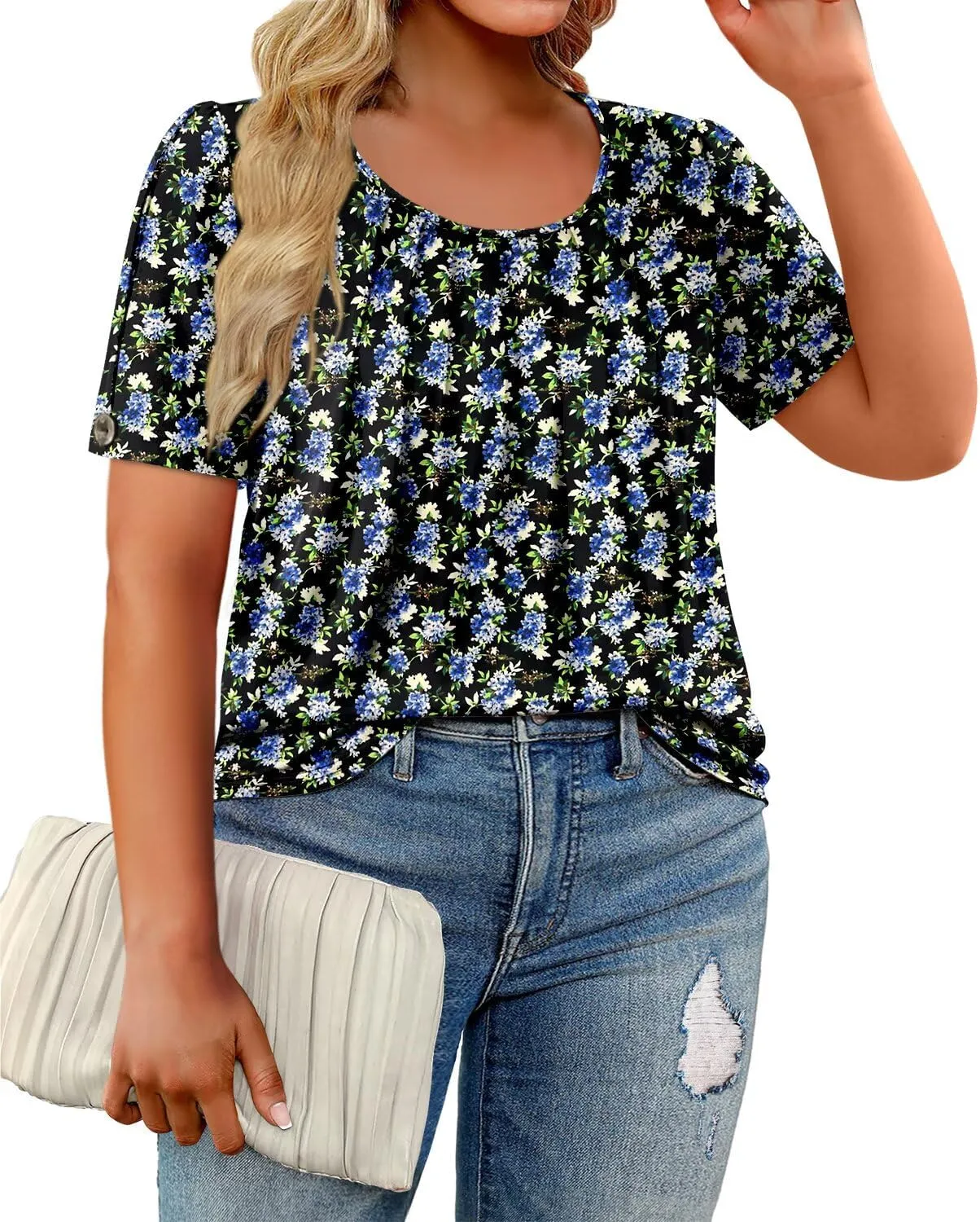 Magritta Womens Plus Size Tops Flowy Summer Blouses Short Sleeve Shirts Pleated Dressy Tunic Tops