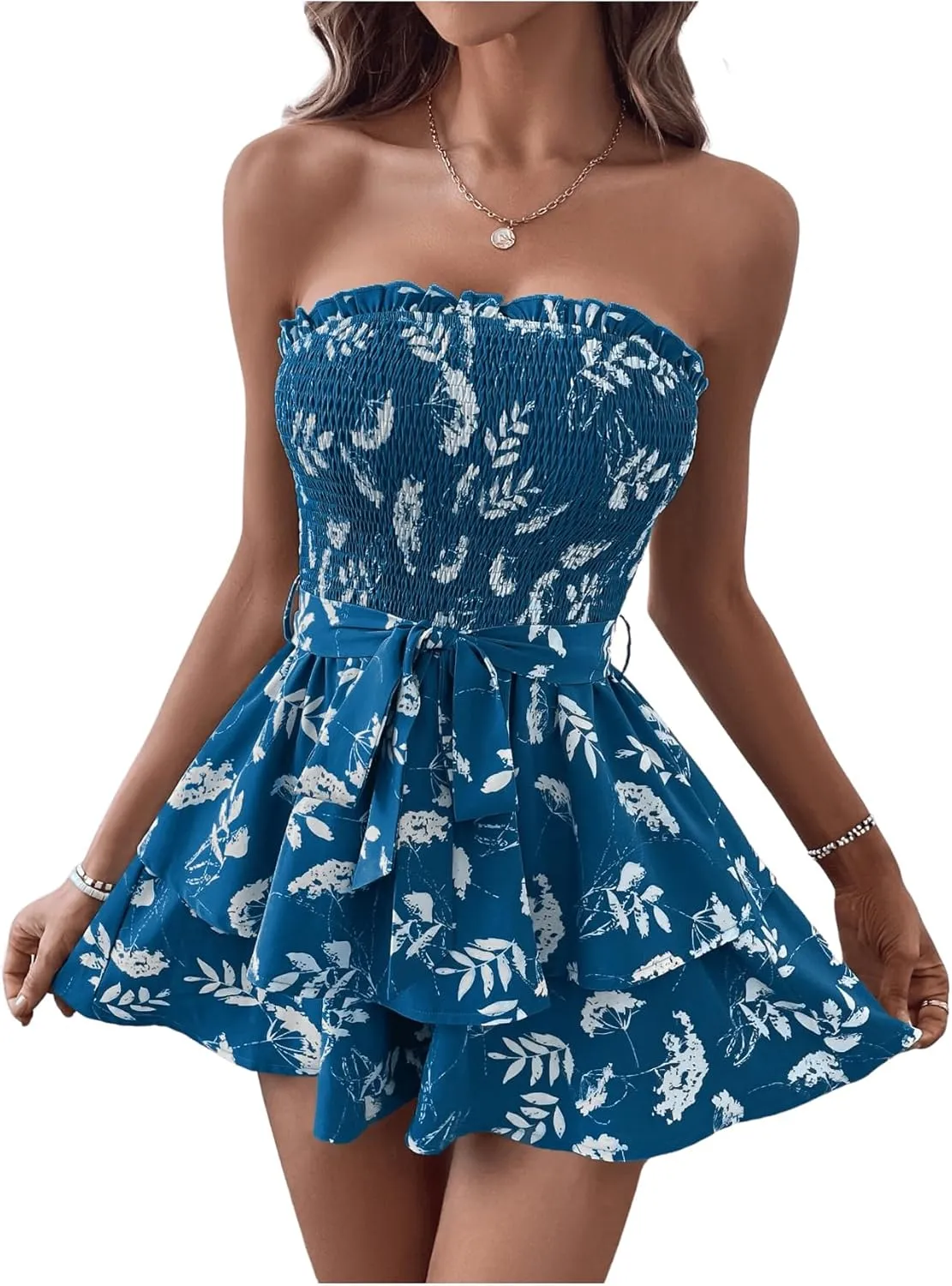 MakeMeChic Women's Beach Vacation Clothes Summer Tube Top Romper Floral Strapless Wide Leg Jumpsuit