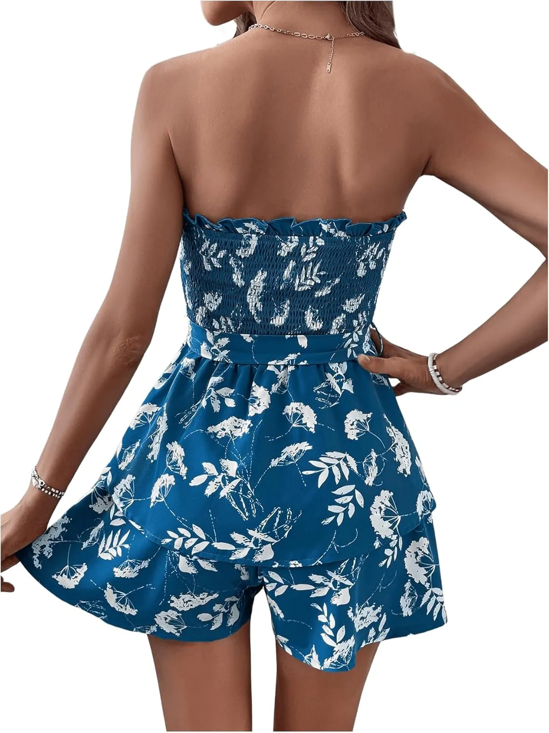 MakeMeChic Women's Beach Vacation Clothes Summer Tube Top Romper Floral Strapless Wide Leg Jumpsuit