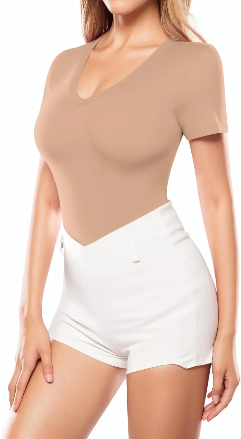 MANGOPOP Womens Deep V Neck Short Sleeve Slim Fit T Shirt Tops Tee