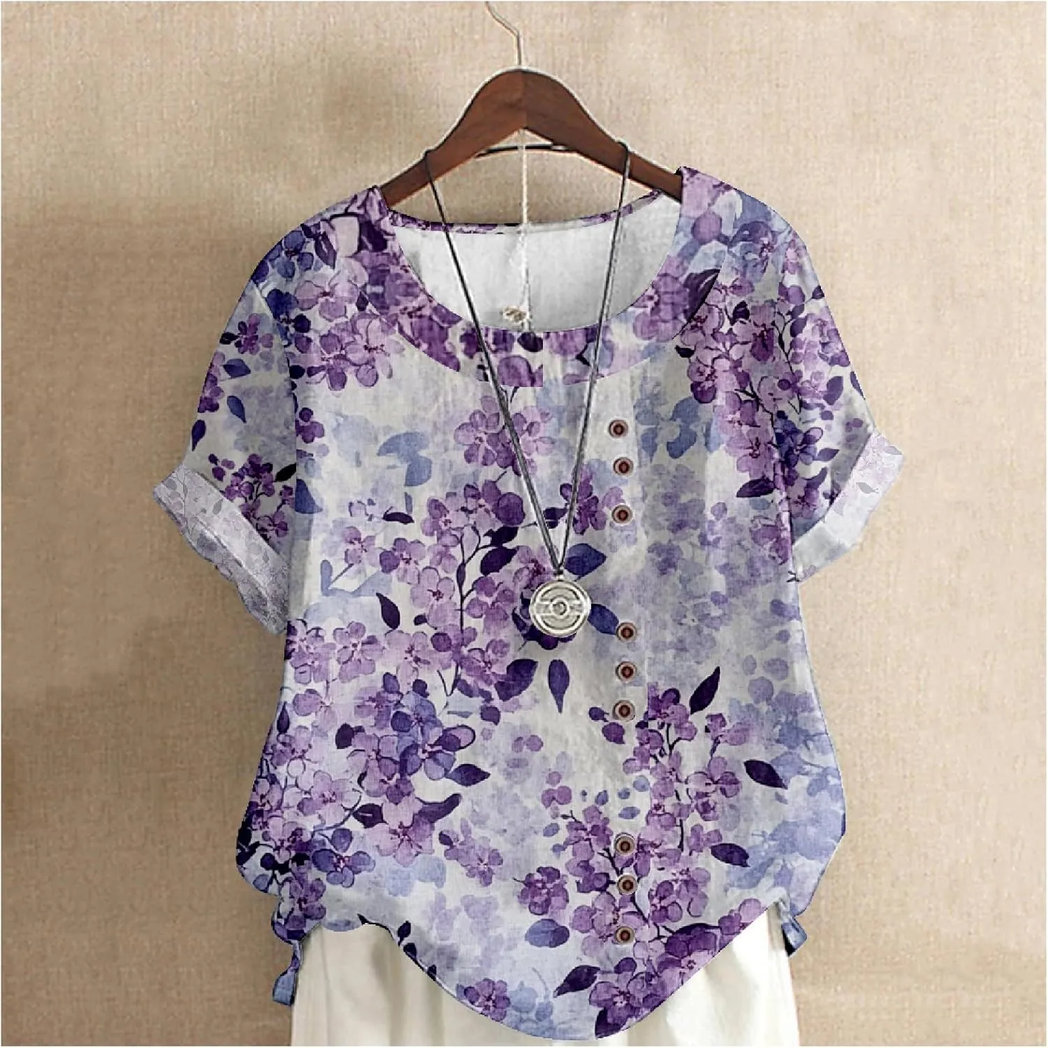 MARSVOVO Women's Tunic Tops Dressy Casual Blouses Novelty Print Outfits Decorative Buttons Plus Size Short Sleeve Shirts