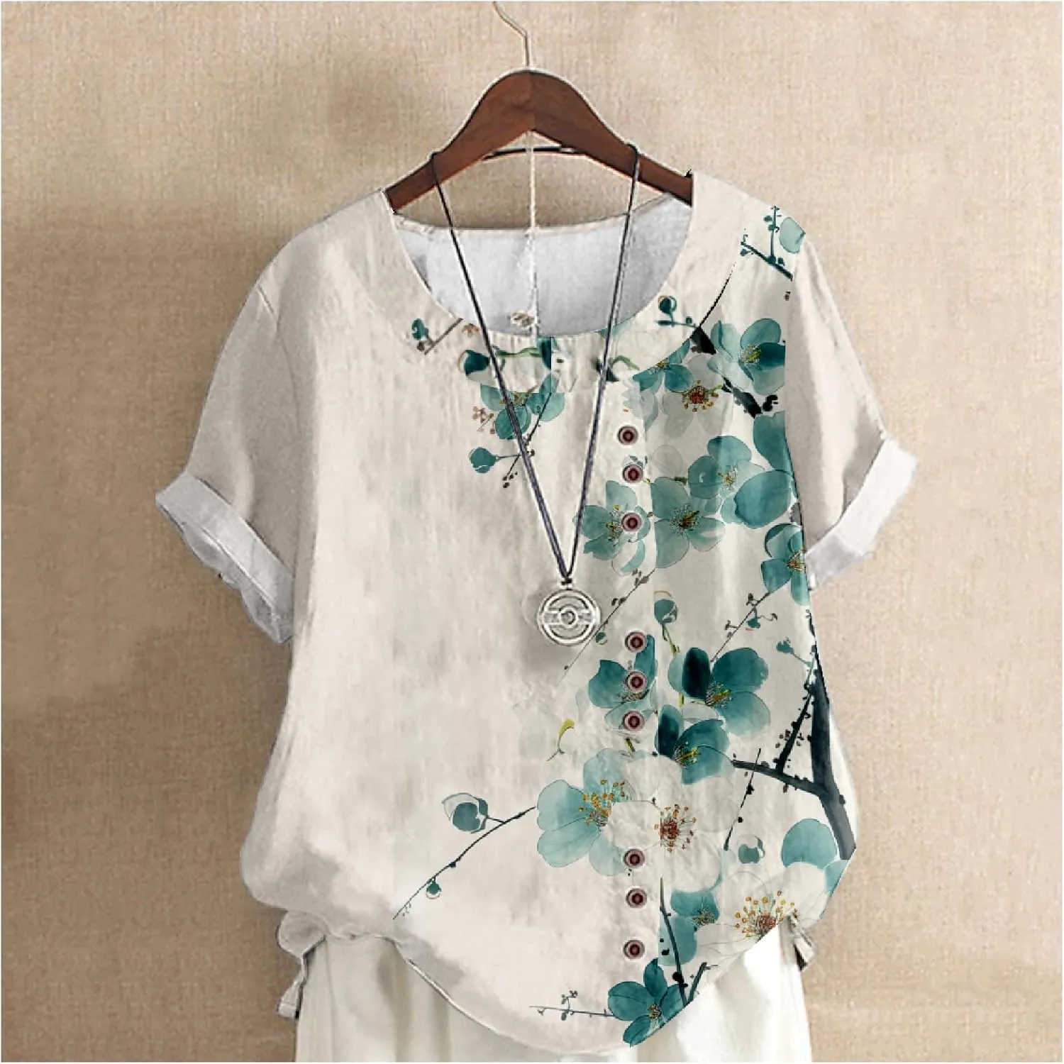 MARSVOVO Women's Tunic Tops Dressy Casual Blouses Novelty Print Outfits Decorative Buttons Plus Size Short Sleeve Shirts