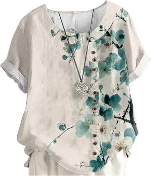 MARSVOVO Women's Tunic Tops Dressy Casual Blouses Novelty Print Outfits Decorative Buttons Plus Size Short Sleeve Shirts