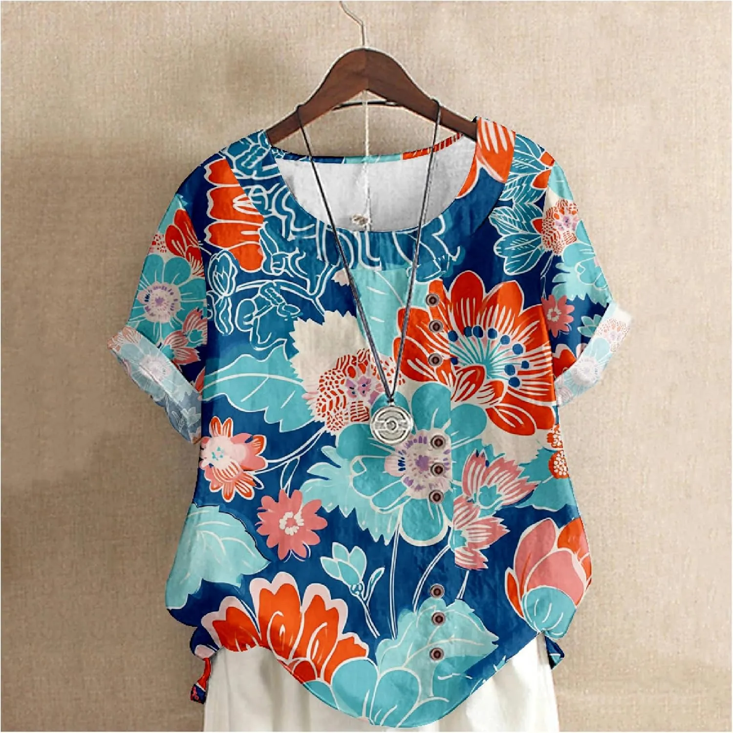 MARSVOVO Women's Tunic Tops Dressy Casual Blouses Novelty Print Outfits Decorative Buttons Plus Size Short Sleeve Shirts
