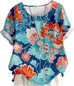 MARSVOVO Women's Tunic Tops Dressy Casual Blouses Novelty Print Outfits Decorative Buttons Plus Size Short Sleeve Shirts