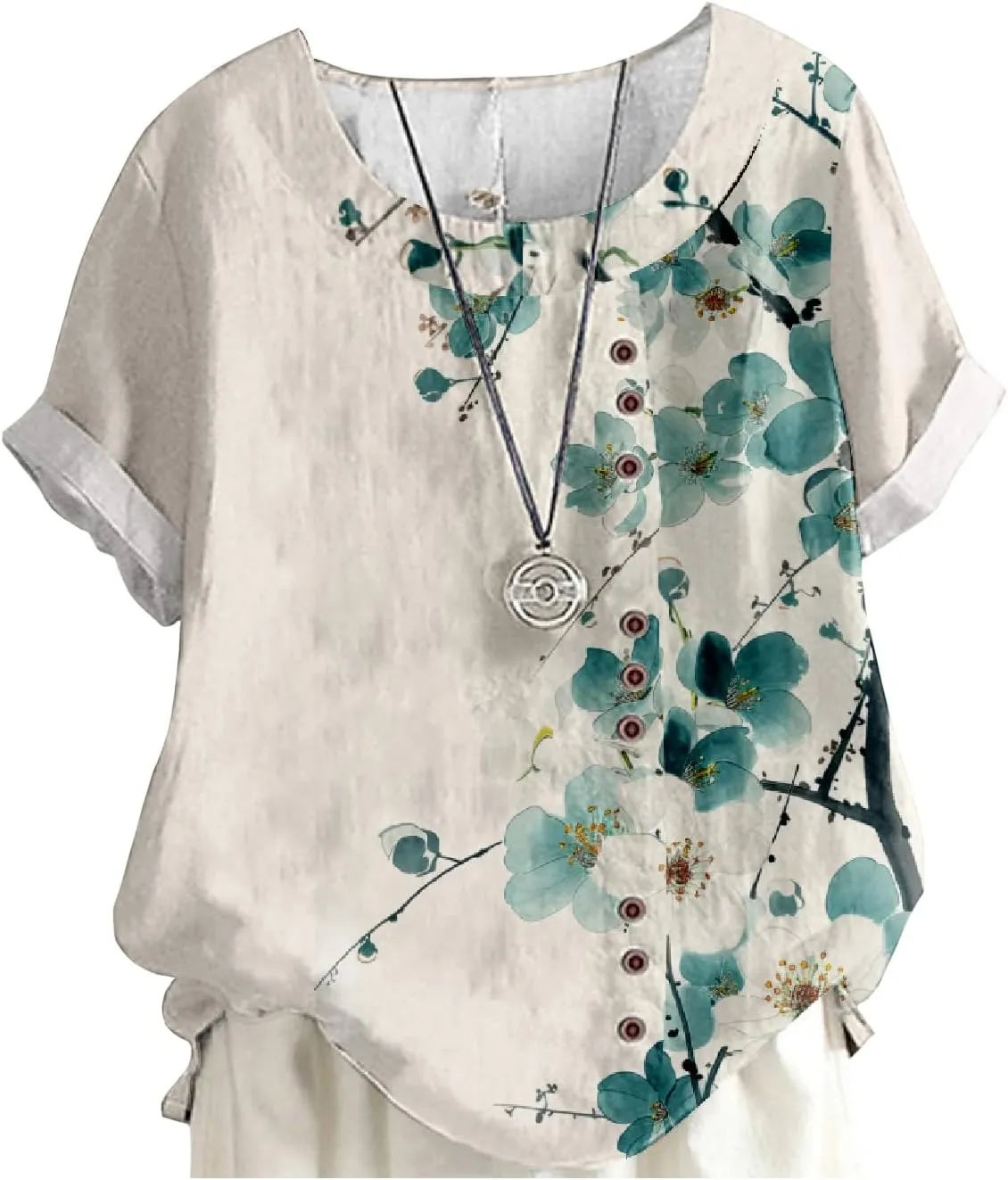 MARSVOVO Women's Tunic Tops Dressy Casual Blouses Novelty Print Outfits Decorative Buttons Plus Size Short Sleeve Shirts