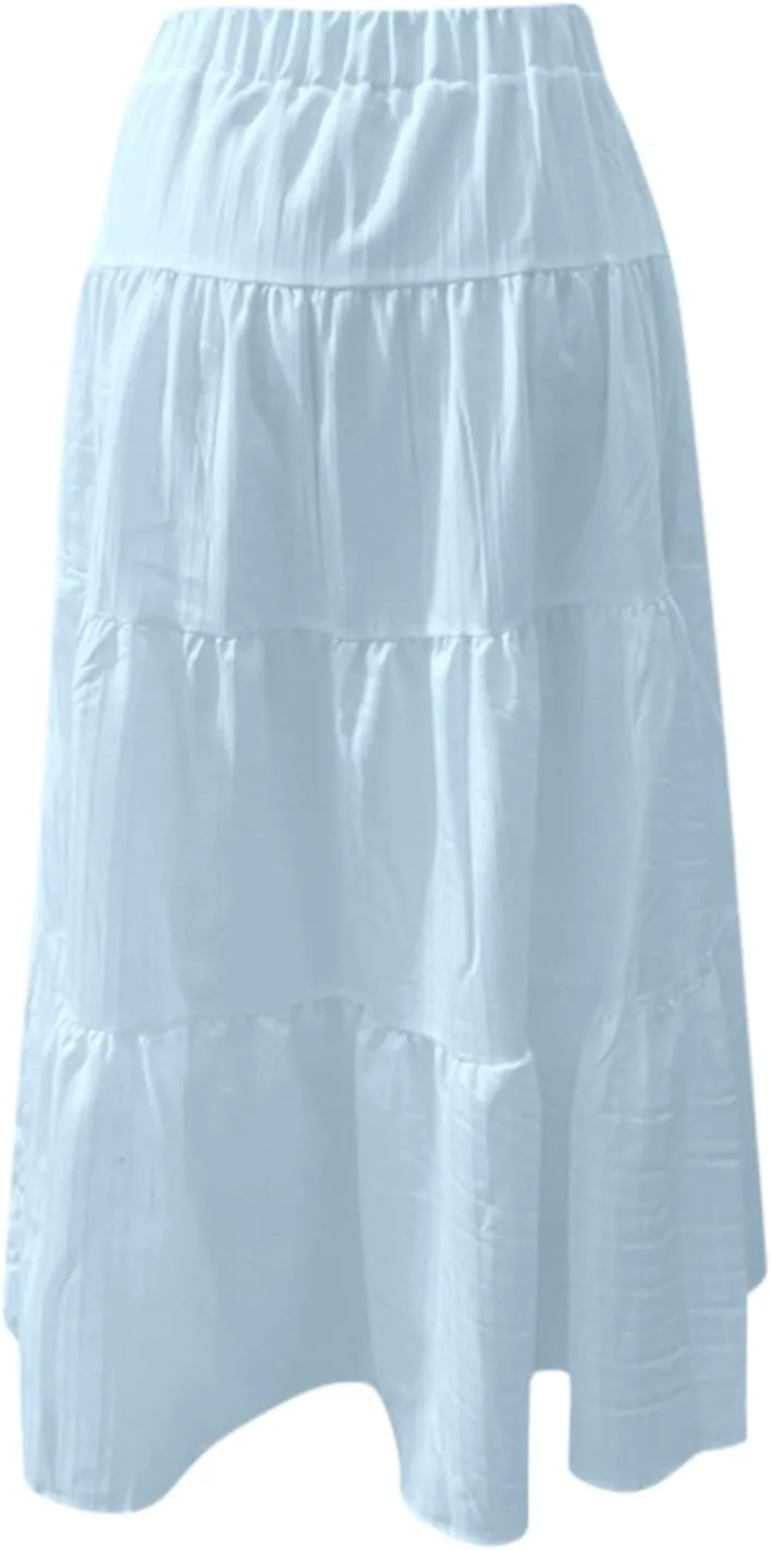 Maxi Skirts for Women with Pockets Cotton Linen Casual Boho Ruffled Tiered Long Skirt Flowy Summer Beach Skorts