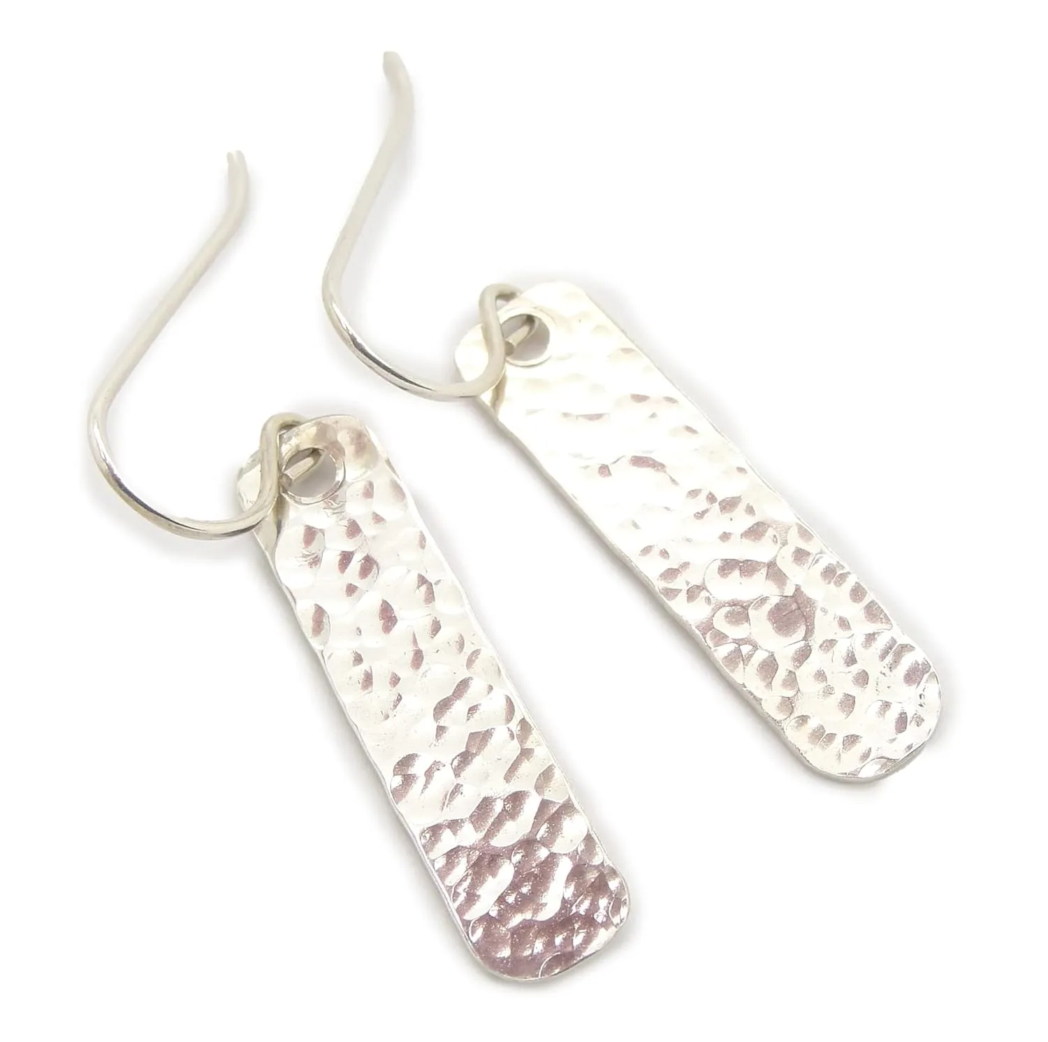 Medium Size Sterling Silver Hammered Bar Earrings in 1 3/8 Inch Long