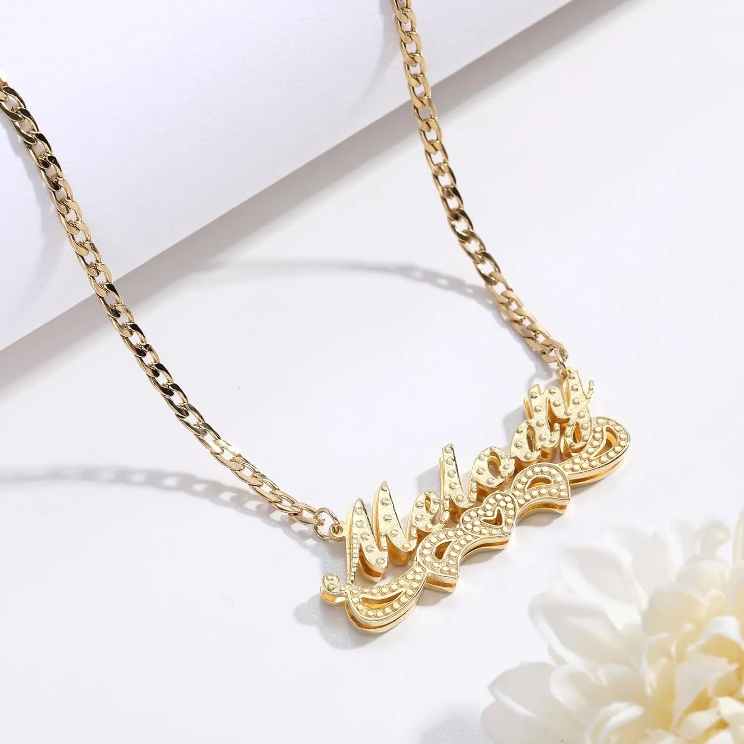 MeMeDIY Double Plated Name Necklace Personalized Name Plate Pendant Two Tone Gold and Silver Necklace for Women Heart Made Letter Plate Pendant Dainty Jewelry Gift 14"-22"