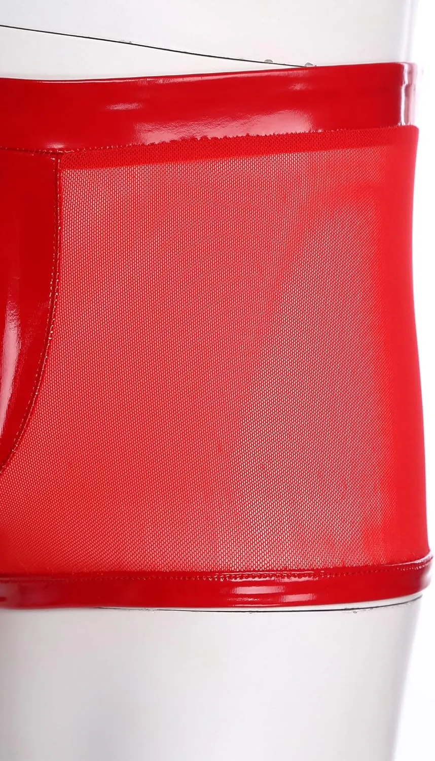 Men Patent Leather Shorts Wet Look Bulge Pouch Lace-Up Lingerie Sheer Patchwork Sleepwear Cubwear