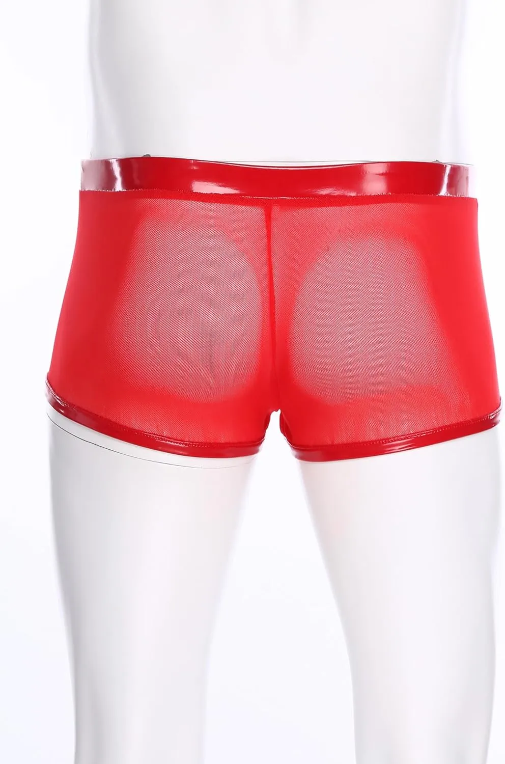 Men Patent Leather Shorts Wet Look Bulge Pouch Lace-Up Lingerie Sheer Patchwork Sleepwear Cubwear