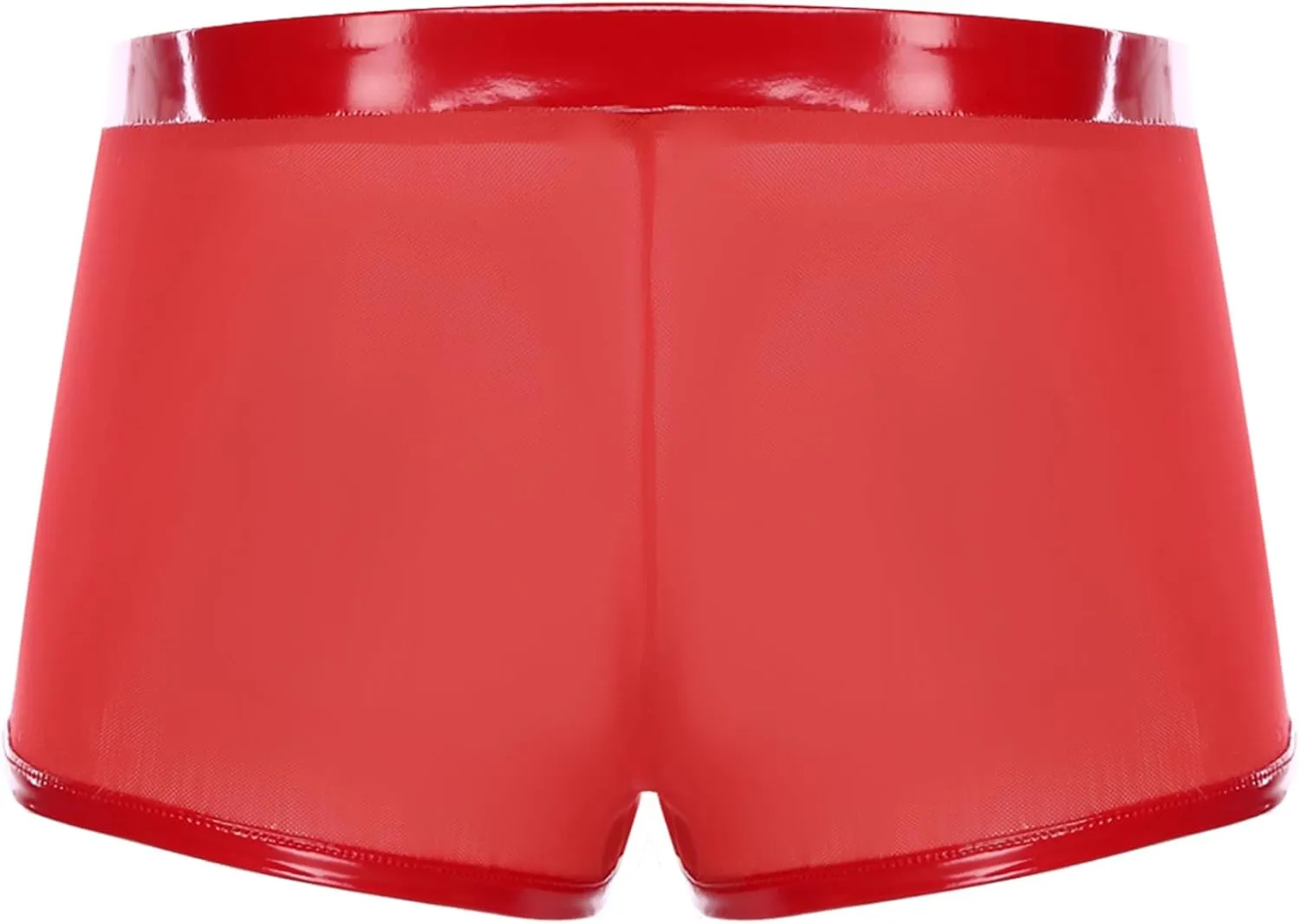 Men Patent Leather Shorts Wet Look Bulge Pouch Lace-Up Lingerie Sheer Patchwork Sleepwear Cubwear