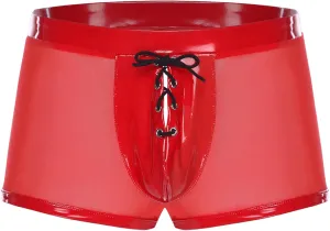 Men Patent Leather Shorts Wet Look Bulge Pouch Lace-Up Lingerie Sheer Patchwork Sleepwear Cubwear