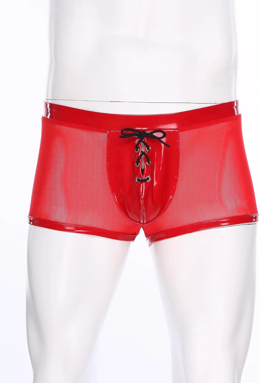 Men Patent Leather Shorts Wet Look Bulge Pouch Lace-Up Lingerie Sheer Patchwork Sleepwear Cubwear