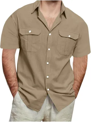Men's Button Down Short Sleeve Shirt Casual Cotton Linen Beach Tops Plus Size Collared Basic Shirts Holiday Outfits