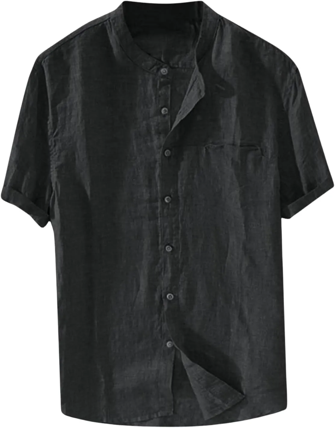 Men's Button Down Short Sleeve Shirts Lightweight Cotton Linen Casual Loose Fit Shirt Band Collar Hippie Beach Tops