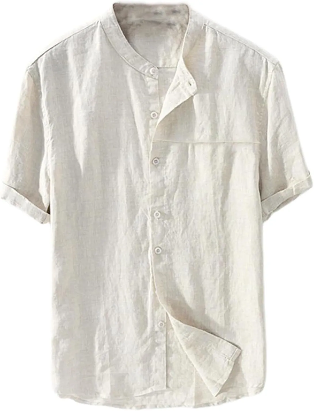 Men's Button Down Short Sleeve Shirts Lightweight Cotton Linen Casual Loose Fit Shirt Band Collar Hippie Beach Tops