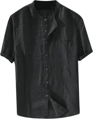 Men's Button Down Short Sleeve Shirts Lightweight Cotton Linen Casual Loose Fit Shirt Band Collar Hippie Beach Tops