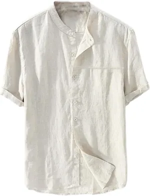 Men's Button Down Short Sleeve Shirts Lightweight Cotton Linen Casual Loose Fit Shirt Band Collar Hippie Beach Tops