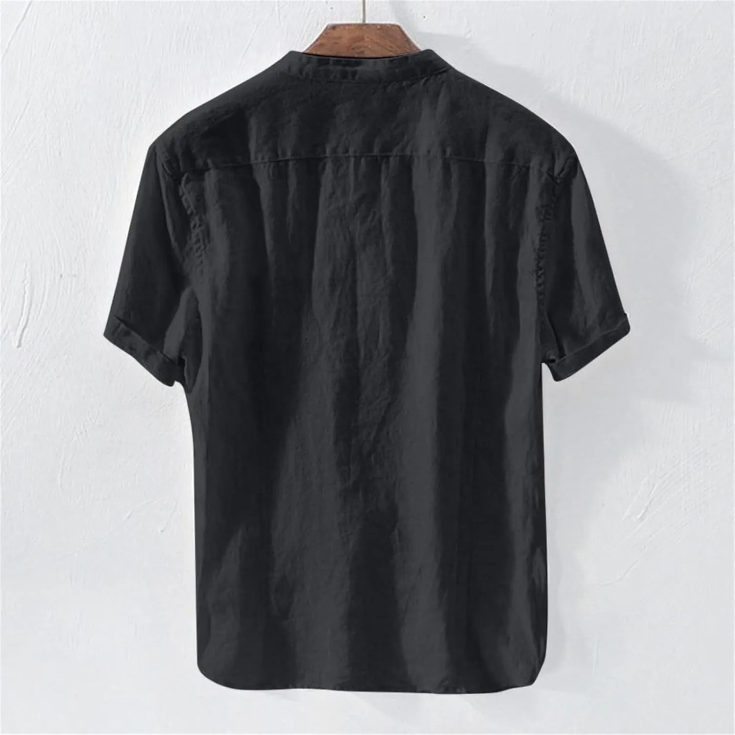 Men's Button Down Short Sleeve Shirts Lightweight Cotton Linen Casual Loose Fit Shirt Band Collar Hippie Beach Tops