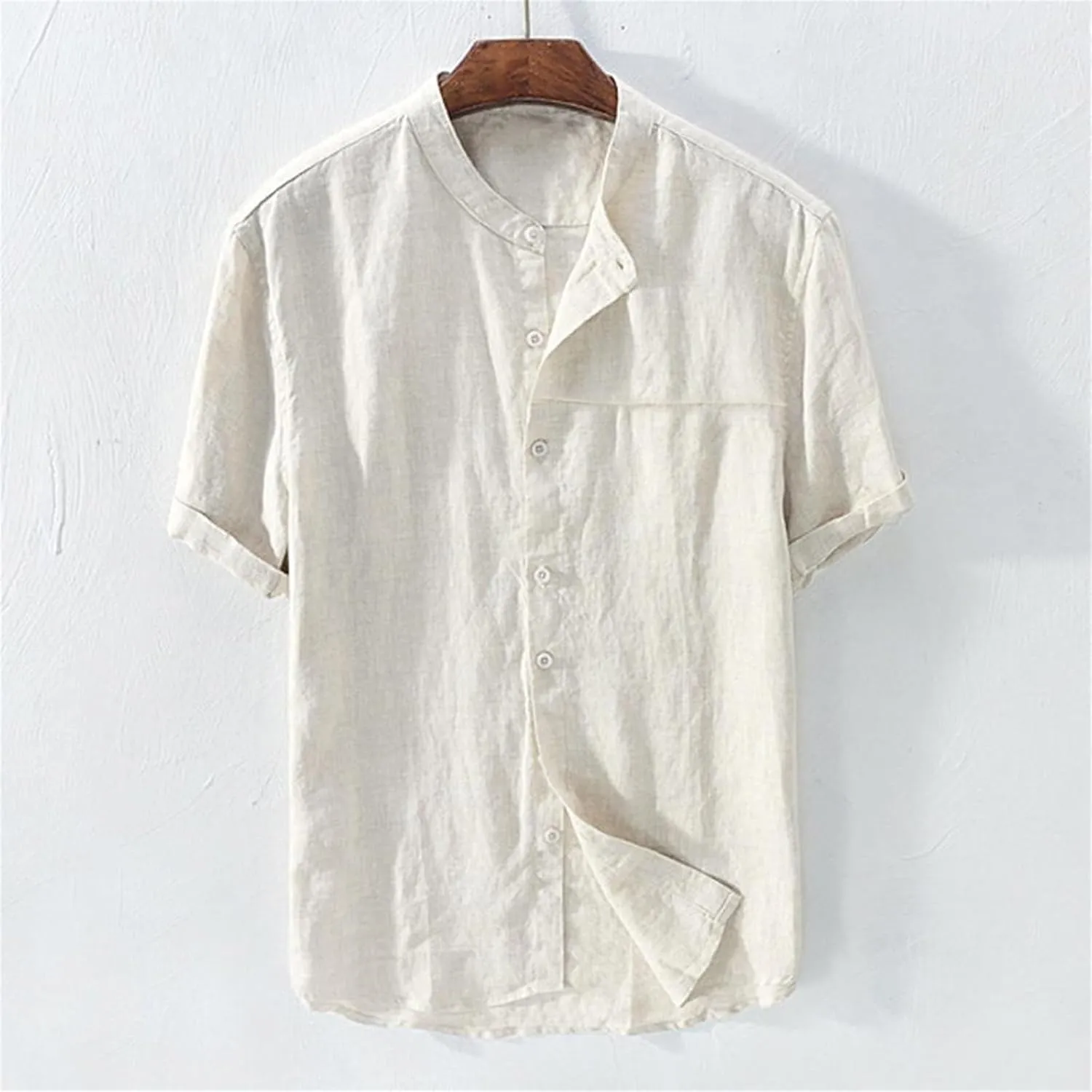 Men's Button Down Short Sleeve Shirts Lightweight Cotton Linen Casual Loose Fit Shirt Band Collar Hippie Beach Tops