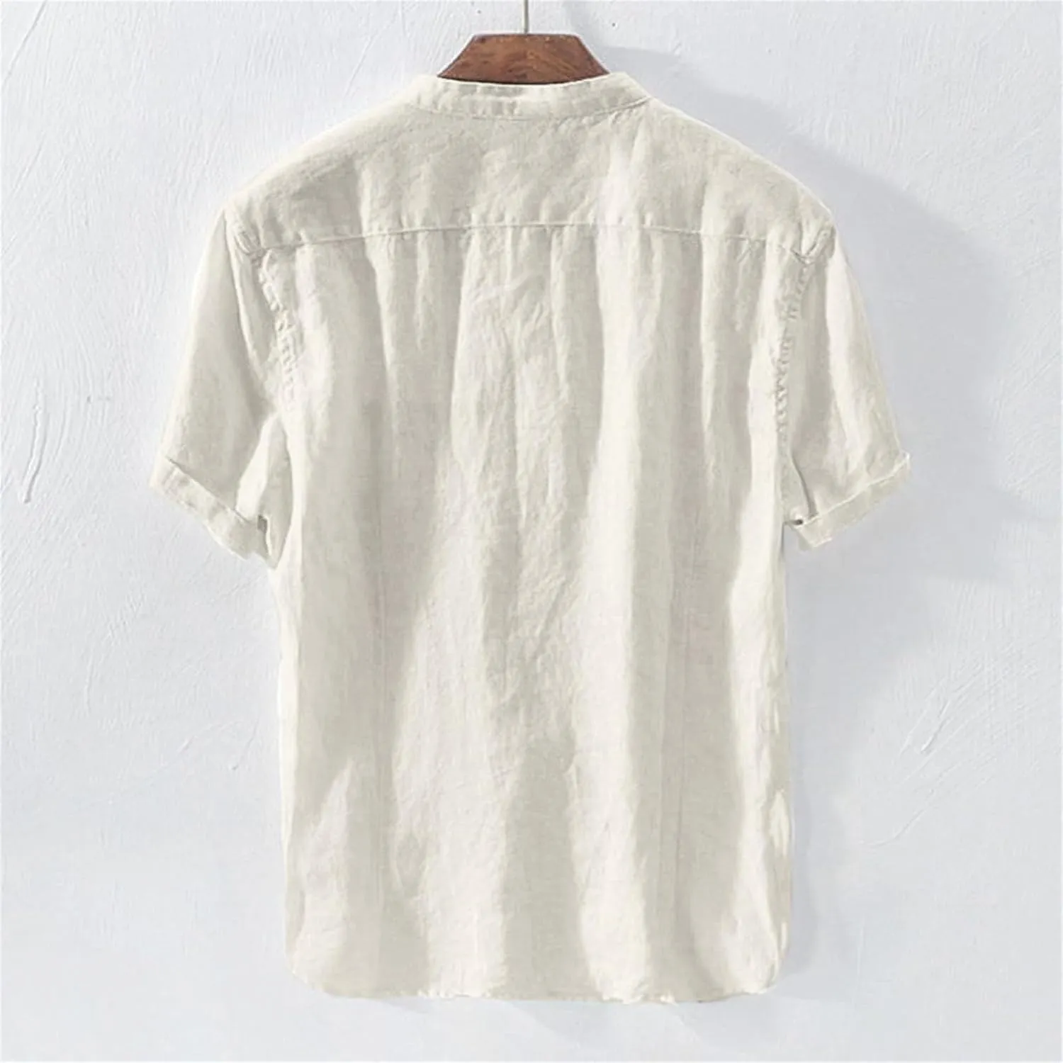 Men's Button Down Short Sleeve Shirts Lightweight Cotton Linen Casual Loose Fit Shirt Band Collar Hippie Beach Tops