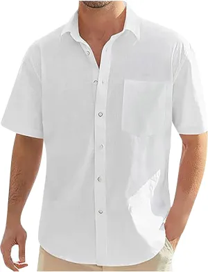 Mens Button Down Short Sleeve Shirts Summer Business Casual T Shirts Cotton Hawaiian Beach Tops Holiday Vacation Clothes