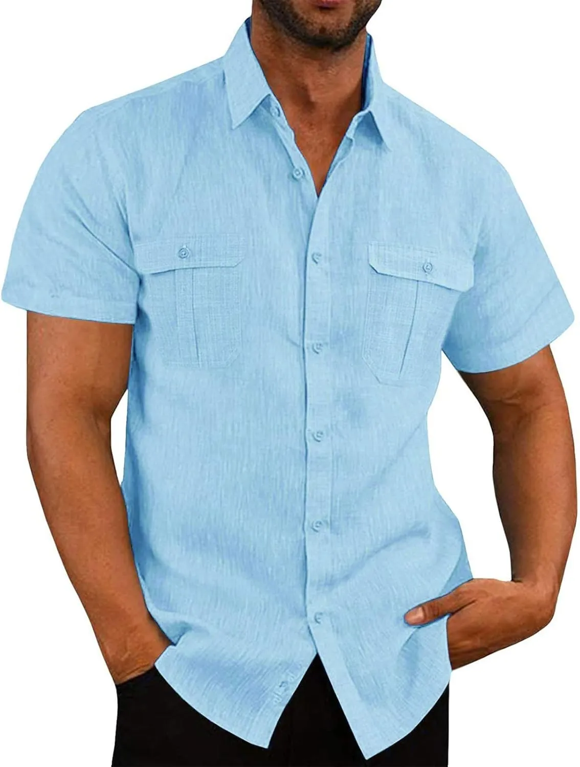 Mens Button Down Short Sleeve Shirts Summer Business Casual T Shirts Cotton Hawaiian Beach Tops Holiday Vacation Clothes