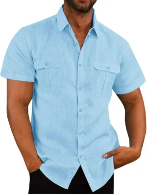 Mens Button Down Short Sleeve Shirts Summer Business Casual T Shirts Cotton Hawaiian Beach Tops Holiday Vacation Clothes