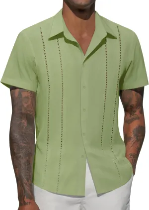 Mens Button Down Short Sleeve Shirts Summer Casual Cuban Guayabera Shirt Beach Wedding Vacation Tops