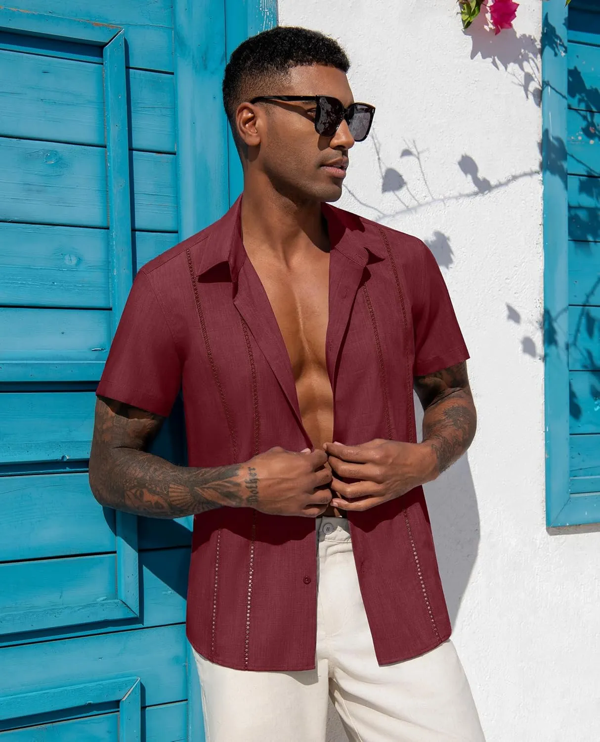 Mens Button Down Short Sleeve Shirts Summer Casual Cuban Guayabera Shirt Beach Wedding Vacation Tops