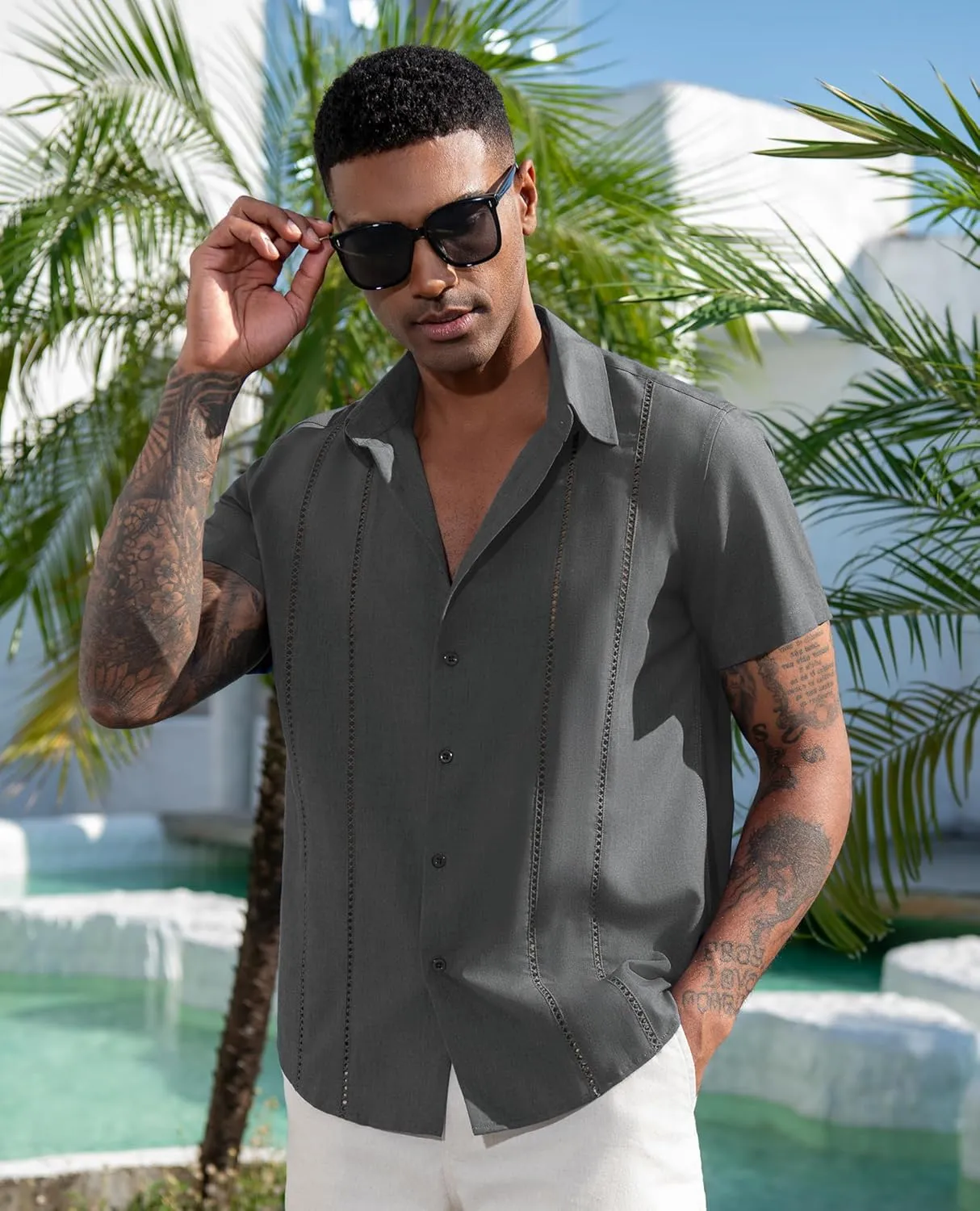 Mens Button Down Short Sleeve Shirts Summer Casual Cuban Guayabera Shirt Beach Wedding Vacation Tops