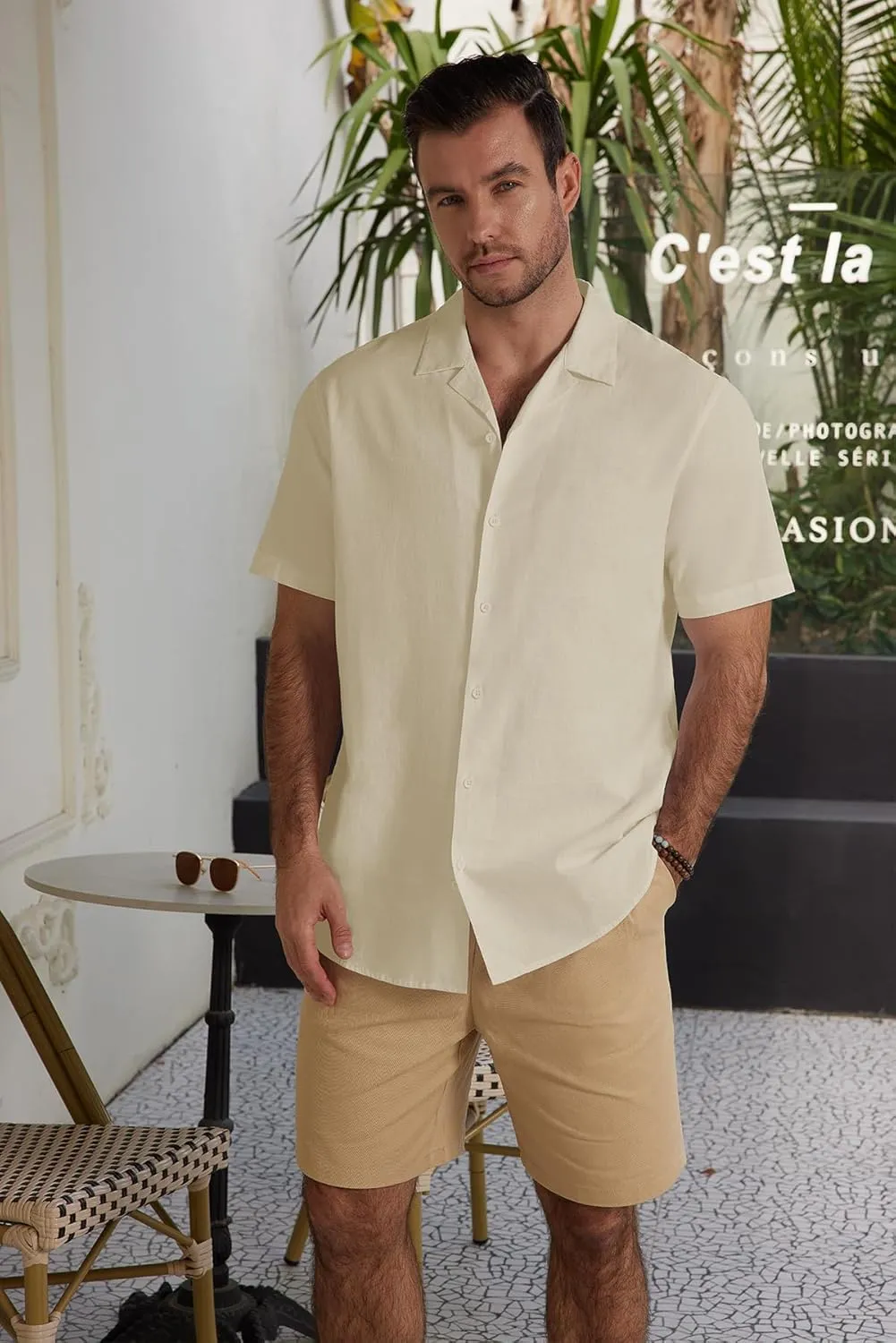 Mens Casual Cotton Linen Button Down Short Sleeve Shirts Cuban Camp Beach Summer Vacation Wedding Shirt
