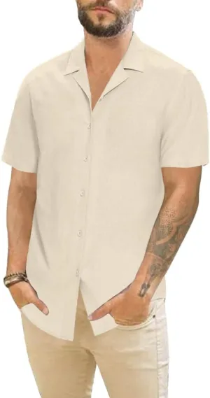 Mens Casual Cotton Linen Button Down Short Sleeve Shirts Cuban Camp Beach Summer Vacation Wedding Shirt