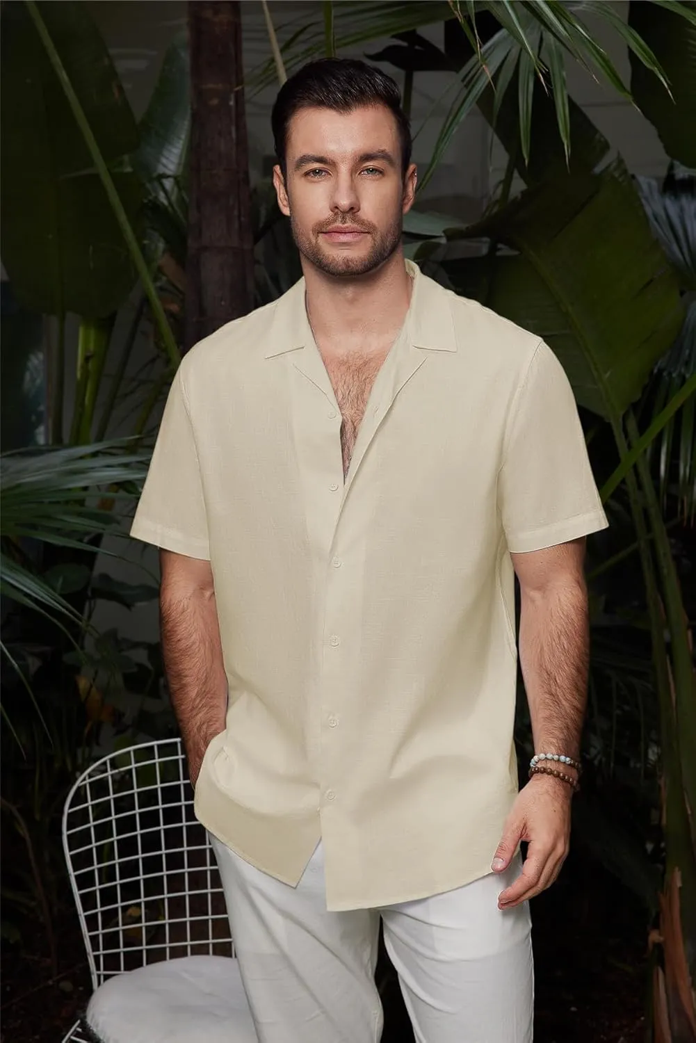 Mens Casual Cotton Linen Button Down Short Sleeve Shirts Cuban Camp Beach Summer Vacation Wedding Shirt