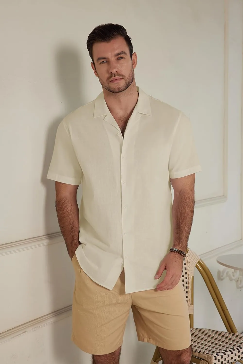 Mens Casual Cotton Linen Button Down Short Sleeve Shirts Cuban Camp Beach Summer Vacation Wedding Shirt
