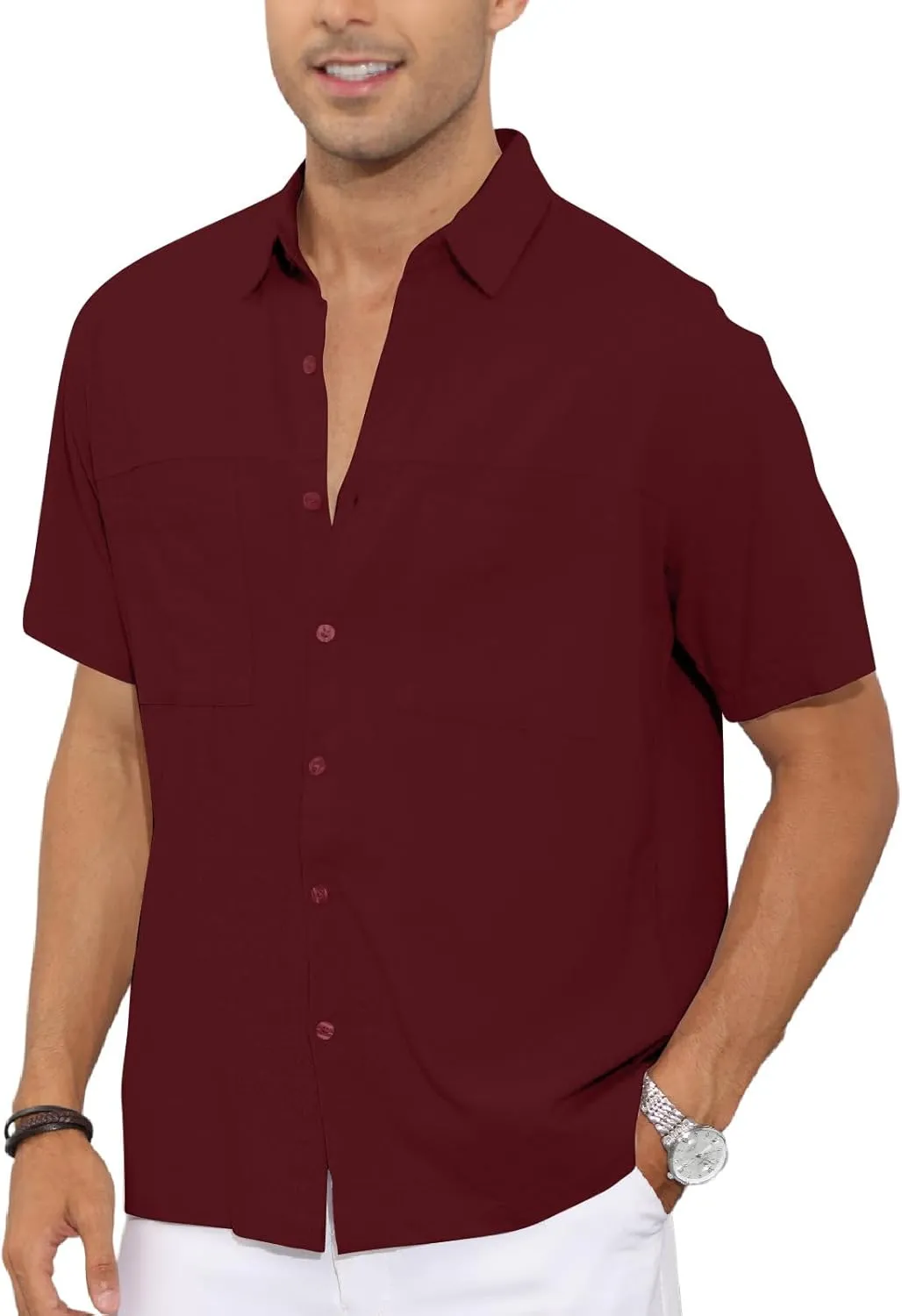 Men's Casual Short Sleeve Shirts Cuban Guayabera Button Down Linen Shirt Summer Beach Top with Pocket
