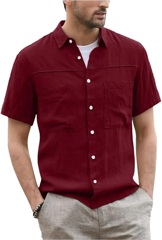 Men's Casual Short Sleeve Shirts Cuban Guayabera Button Down Linen Shirt Summer Beach Top with Pocket