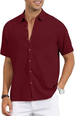 Men's Casual Short Sleeve Shirts Cuban Guayabera Button Down Linen Shirt Summer Beach Top with Pocket