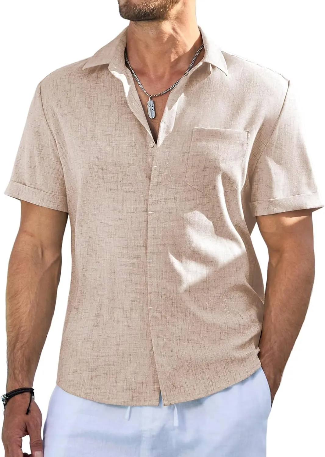 Men's Casual Short Sleeve Shirts Solid Button Down Shirt Hawaiian V Neck Beach Summer Tees with Pocket