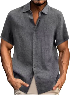 Men's Cotton Linen Button Down Shirts Short Sleeve Summer Beach Shirt Hawaiian Casual Shirt Blouse Business Tops