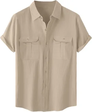 Men's Cotton Linen Short Sleeve Shirts 2025 Summer Tops Button Down Casual Collared Shirts Vacation Beach Outfits