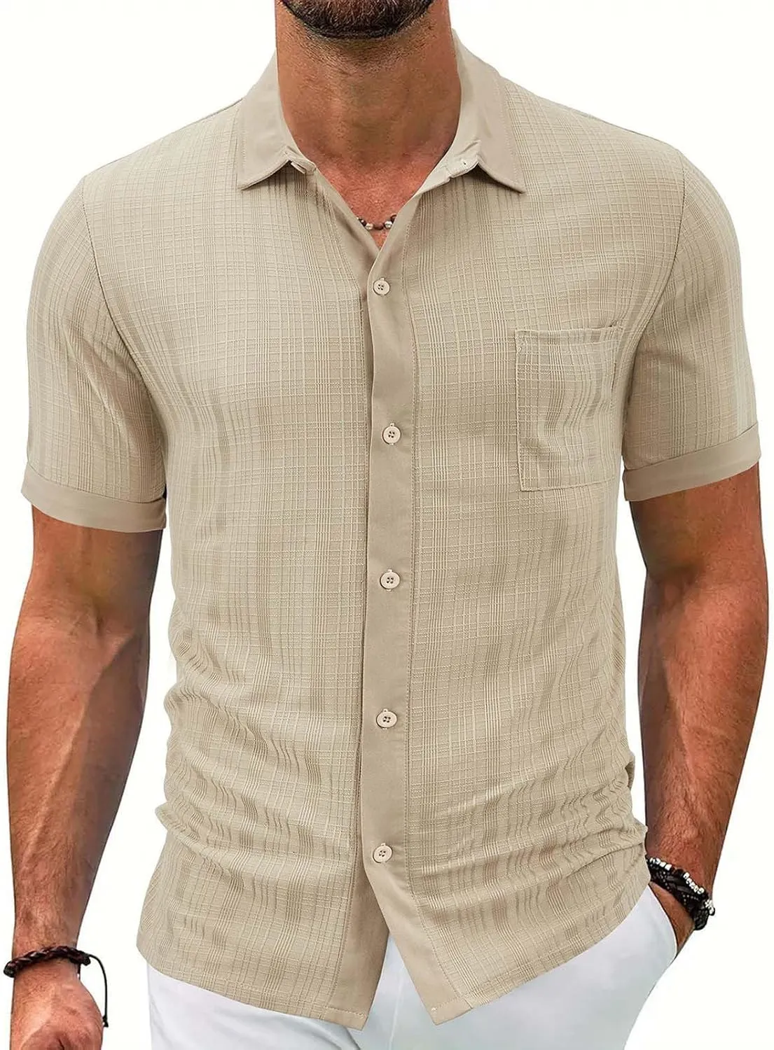 Men's Cotton Linen Short Sleeve Shirts Casual Lightweight Button Down Shirt Vacation Beach Summer Tops with Pocket