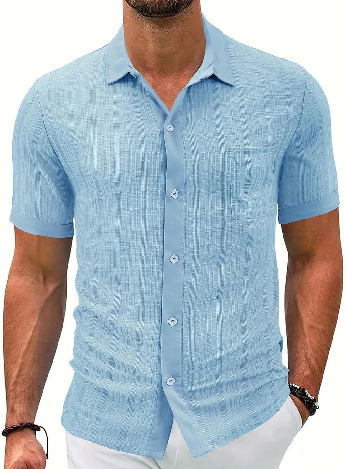 Men's Cotton Linen Short Sleeve Shirts Casual Lightweight Button Down Shirt Vacation Beach Summer Tops with Pocket