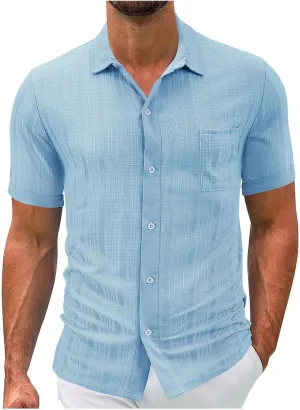 Men's Cotton Linen Short Sleeve Shirts Casual Lightweight Button Down Shirt Vacation Beach Summer Tops with Pocket