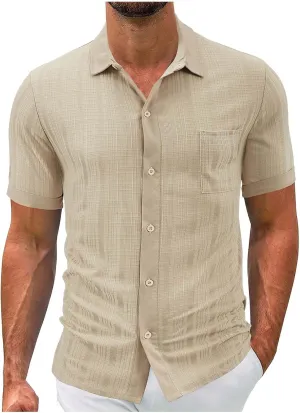 Men's Cotton Linen Short Sleeve Shirts Casual Lightweight Button Down Shirt Vacation Beach Summer Tops with Pocket