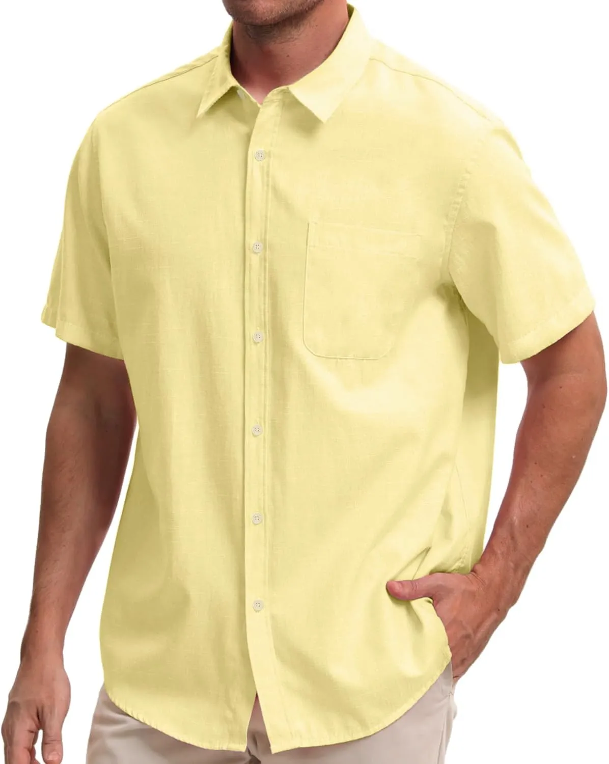 Mens Cotton Linen Short Sleeve Shirts Casual Lightweight Button Down Shirts Vacation Beach Summer Tops with Pocket